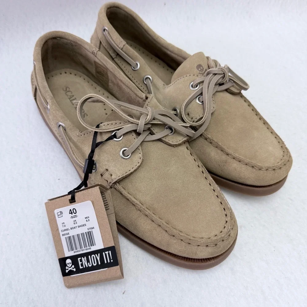 Scalpers Curiel Boat Shoes Beige Suede Leather Mens Size US 7 EU 40 57594 NIB